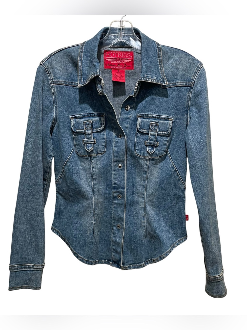 Hot Kiss Denim Snap Front Western Shirt Blue Women Size Small Y2K Fitted Stretch